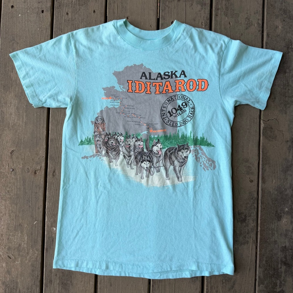 Hanes Vintage Alaska Iditarod Sled Dog Race T-Shirt Light Blue Single Stitch M